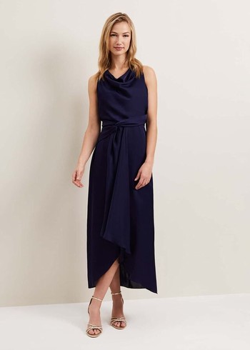 Phase Eight Daliah High Neck Satin Dress Navy Australia | UX5041328